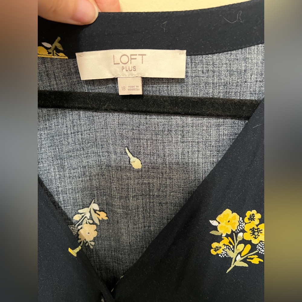 Loft 18 Dress Floral Button Down Ruffle Flutter Sleeve Navy Yellow Plus Women - Picture 7 of 11